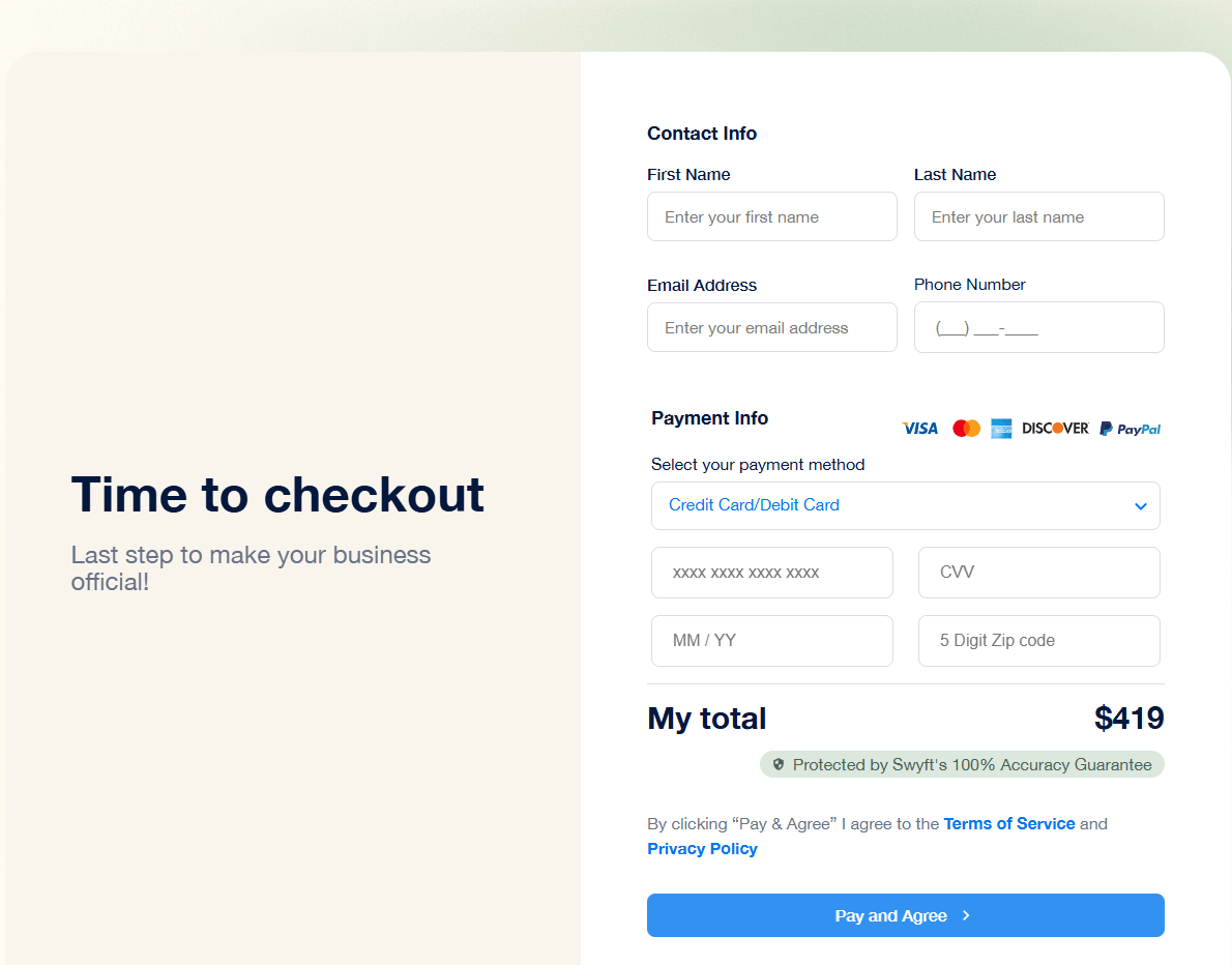 Swyft Filings checkout page